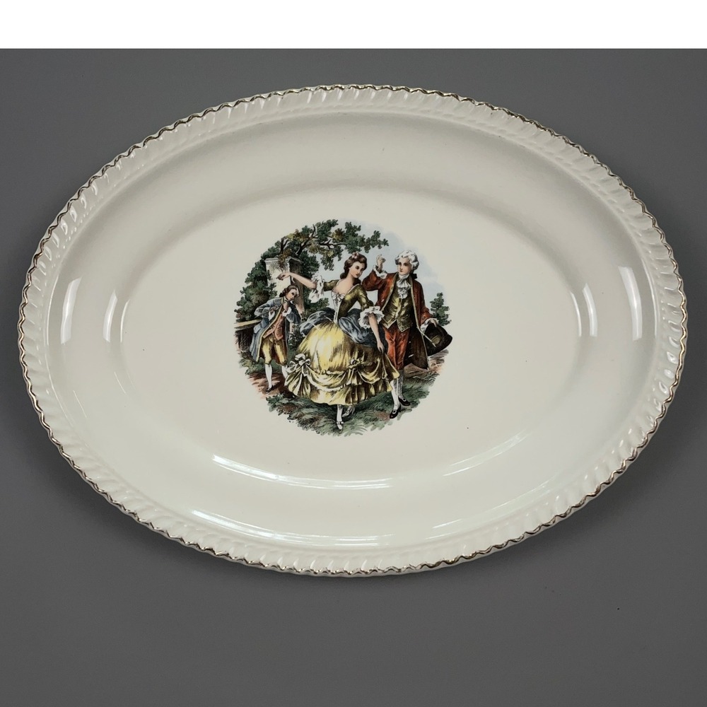 Harker Pottery Co Vintage Oval Platter Colonial Scene 22KT Gold Trim Cream 12in
